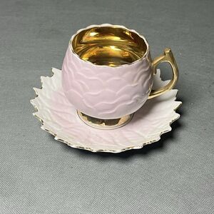 Vintage Asian Teacup & Saucer Pink White Porcelain Gold Trim-Floral Leaf